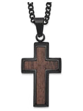 Black Plated Stainless Steel Wood Inlay Cross Pendant Necklace with Chain P245