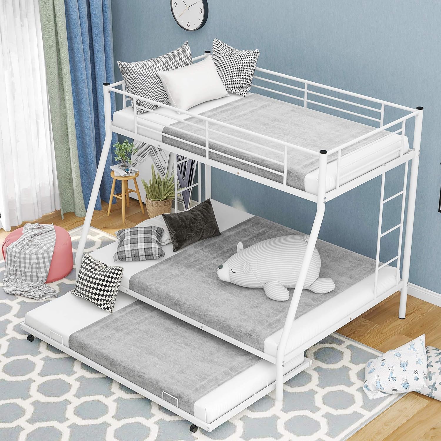 Black Twin Over Twin Metal Bunk Bed with Trundle X59748