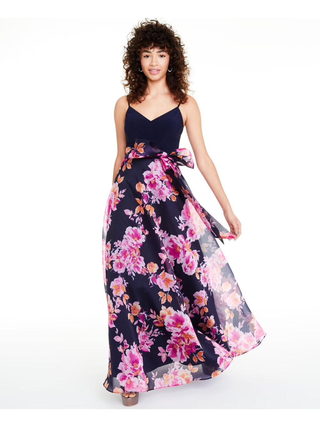 Navy Floral Spaghetti Strap V Neck Full-Length Fit + Flare Dress U32913