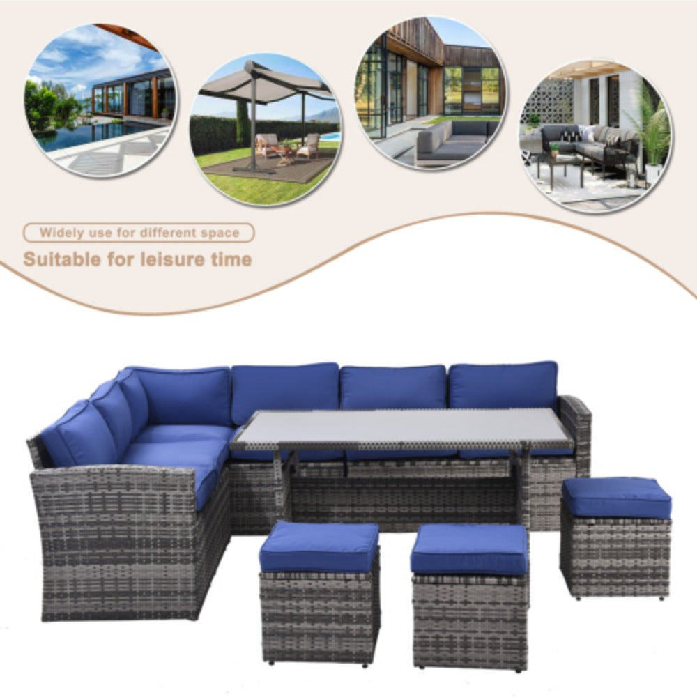 7 Piece Outdoor Patio Furniture Set with Dining Table, Chairs and Ottomans V222009
