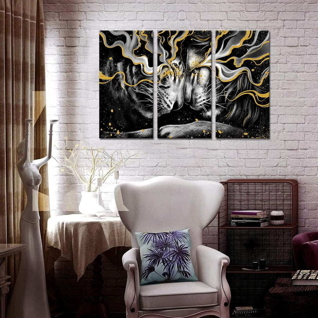 Black and Gold Framed Canvas Lion Wall Art F4908