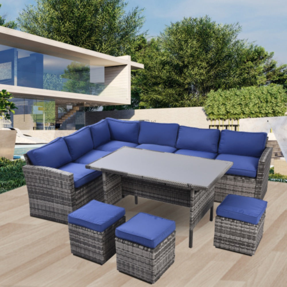 7 Piece Outdoor Patio Furniture Set with Dining Table, Chairs and Ottomans V222009