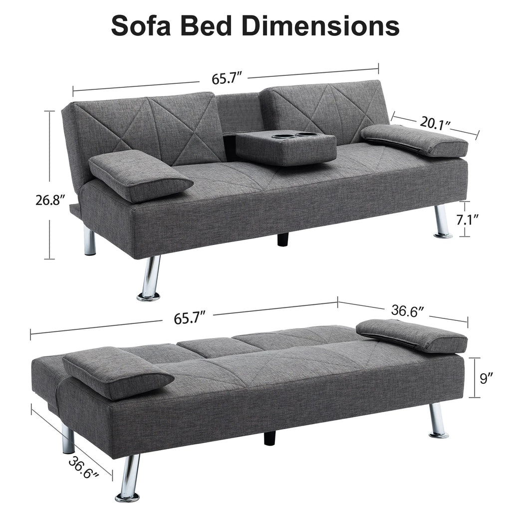 Gray Linen Convertible Folding Futon Sofa Bed with Removable Armrests Z291291