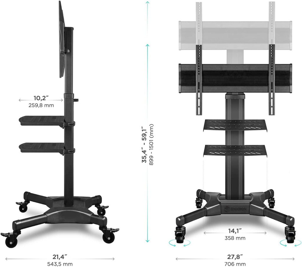 Mobile TV Stand Rolling TV Cart with Wheels for 32” – 55” LCD LED Flat Screen TVs with 2 Shelves Height Adjustable TV Trolley R54702