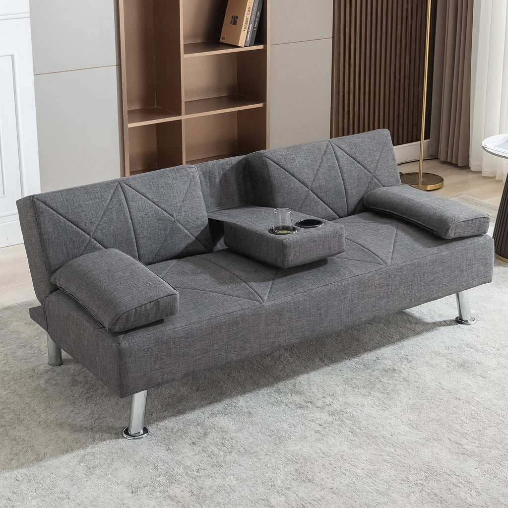 Gray Linen Convertible Folding Futon Sofa Bed with Removable Armrests Z291291
