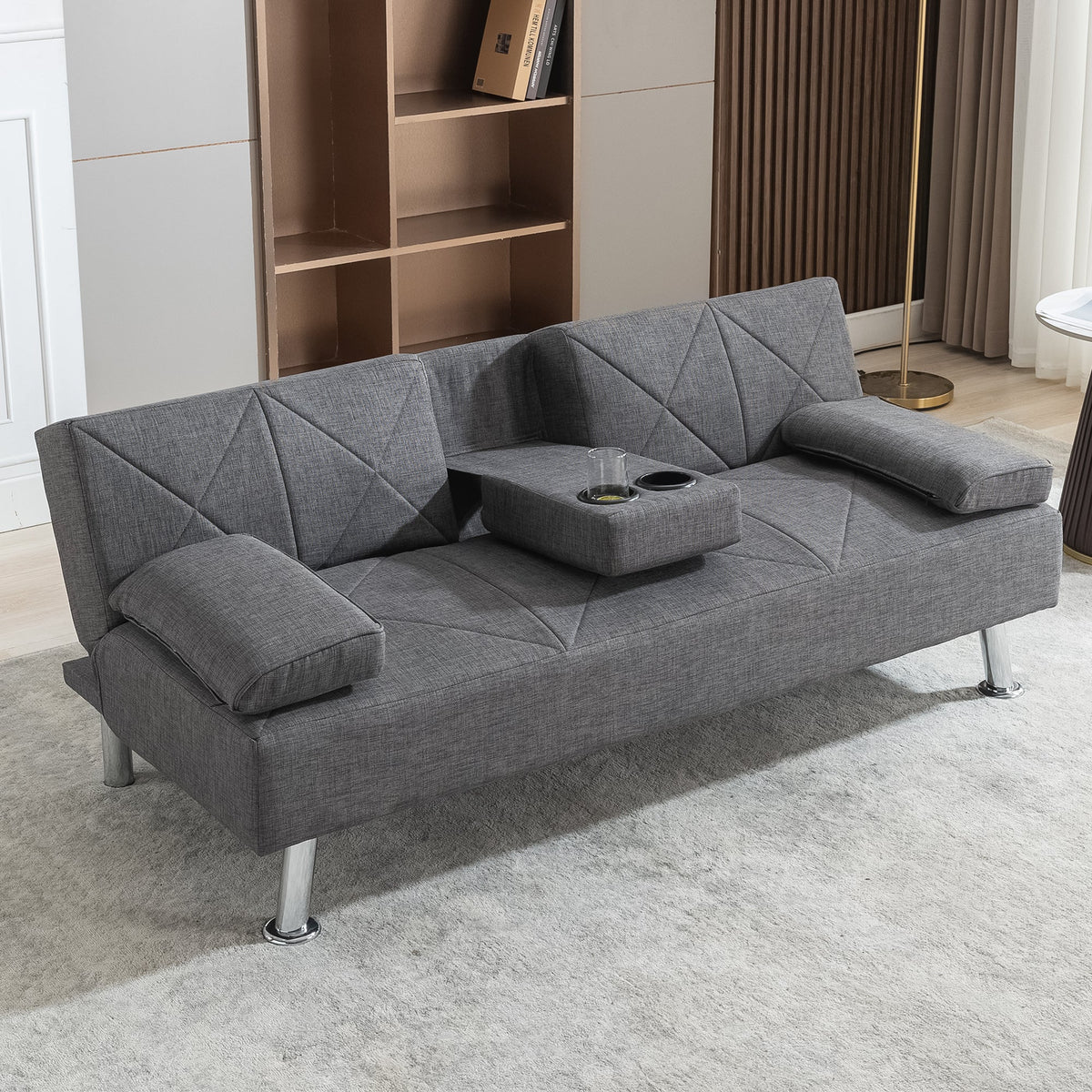 Gray Linen Convertible Folding Futon Sofa Bed with Removable Armrests Z291291