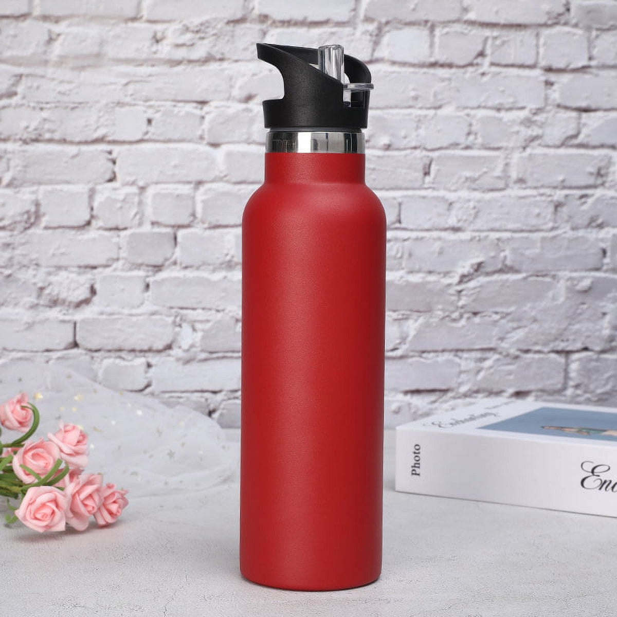 Black Water Bottle Vacuum Insulated Stainless Steel Leak-Proof Wide Mouth Kettle with Straw Lid Y853292