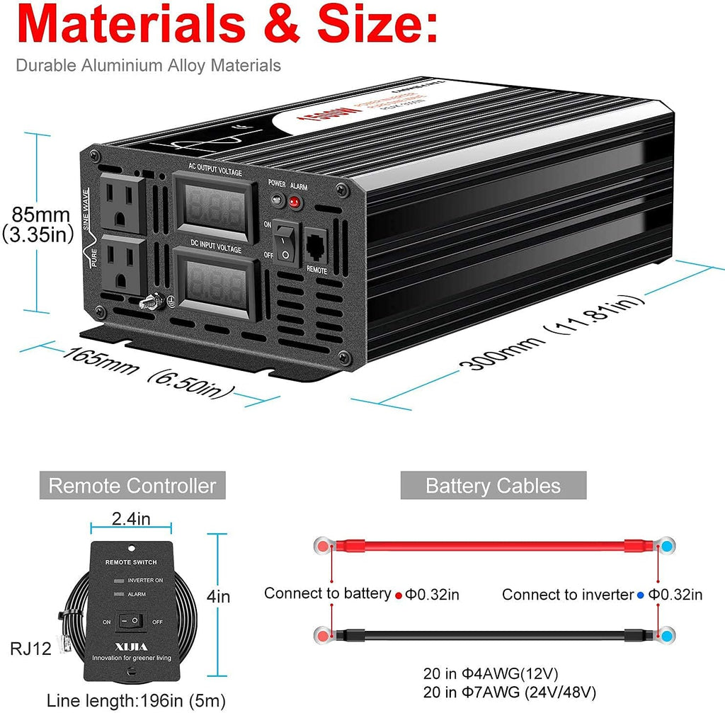 1500W Pure Sine Wave Power Inverter DC 12V AC 120V S459