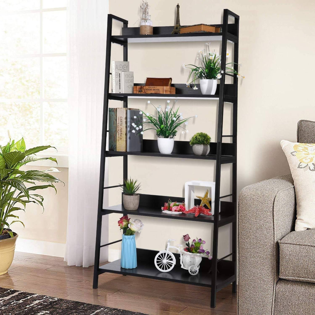 Black 5 Tier Metal Frame Wood Shelves Bookcase G400