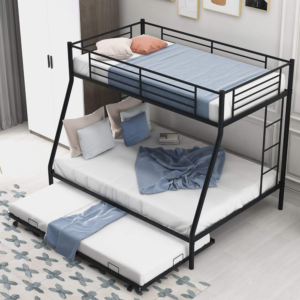 Black Twin Over Twin Metal Bunk Bed with Trundle X59748
