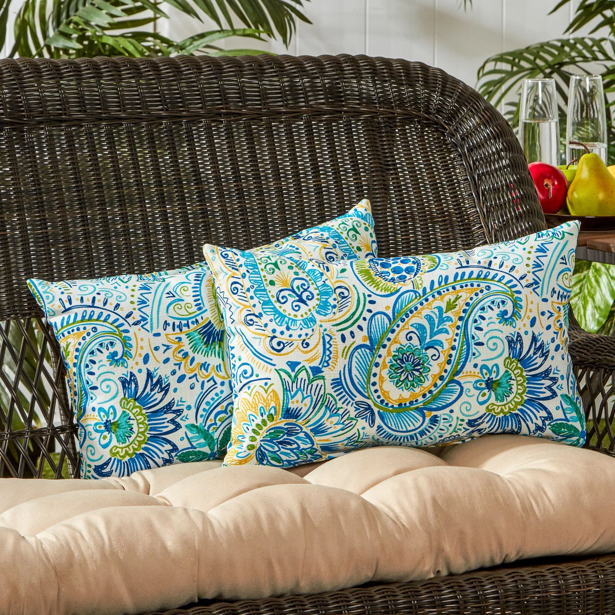 Baltic Blue Paisley 19 x 12 in. Outdoor Rectangle Throw Pillow (Set of 2) S955743