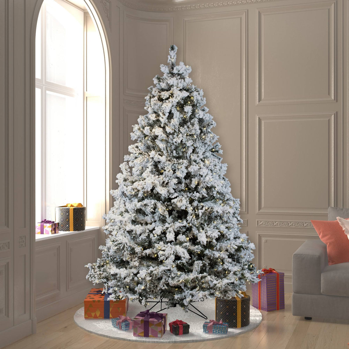 7.5 ft Flocked Alaskan Tree with 900 Warm White LED Lights G415932
