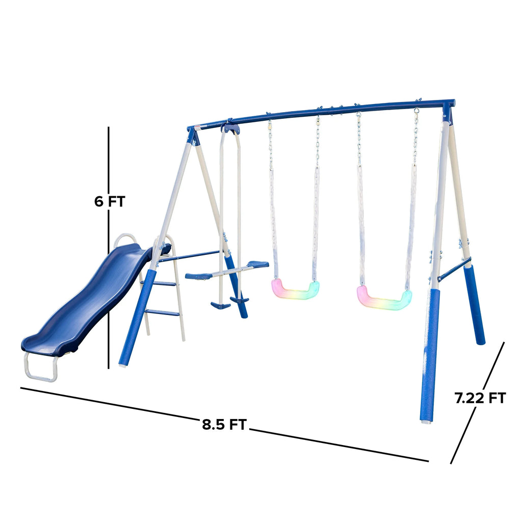 Metal Swing Set with LED Swing Seats, 2 Person Glider & 5' Double Wall Slide R23636