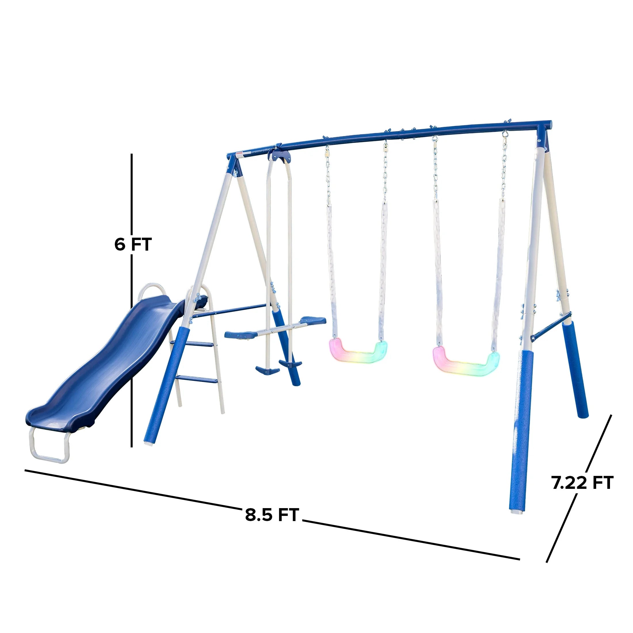 Metal Swing Set with LED Swing Seats, 2 Person Glider & 5' Double Wall Slide R23636