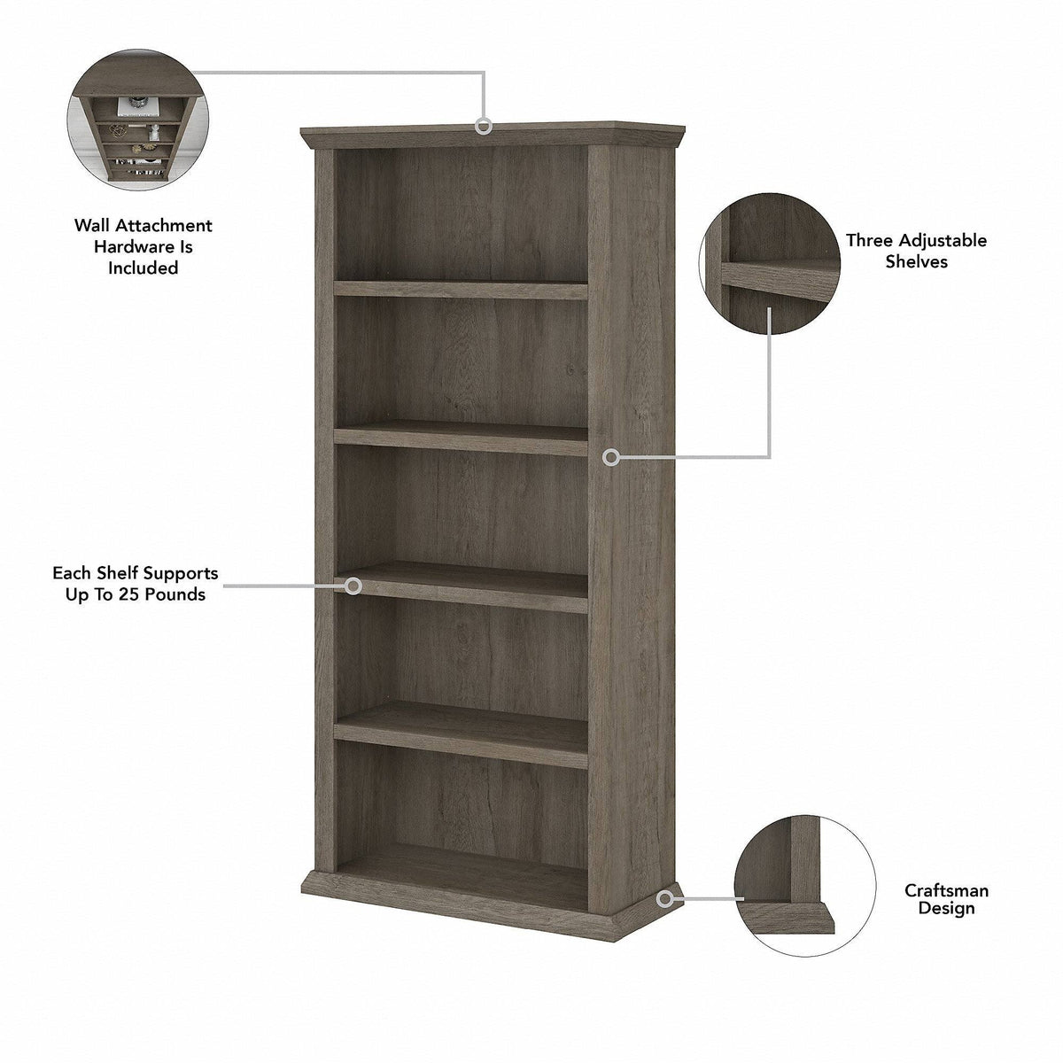 5 Shelf Bookcase Set of 2, Restored Gray G6256