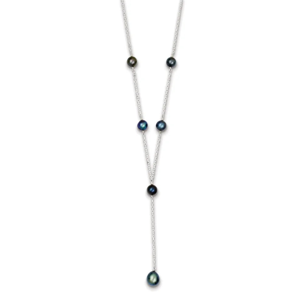 925 Sterling Silver Rhodium-plated Black Freshwater Cultured Pearl Y-Drop Necklace 16" U121