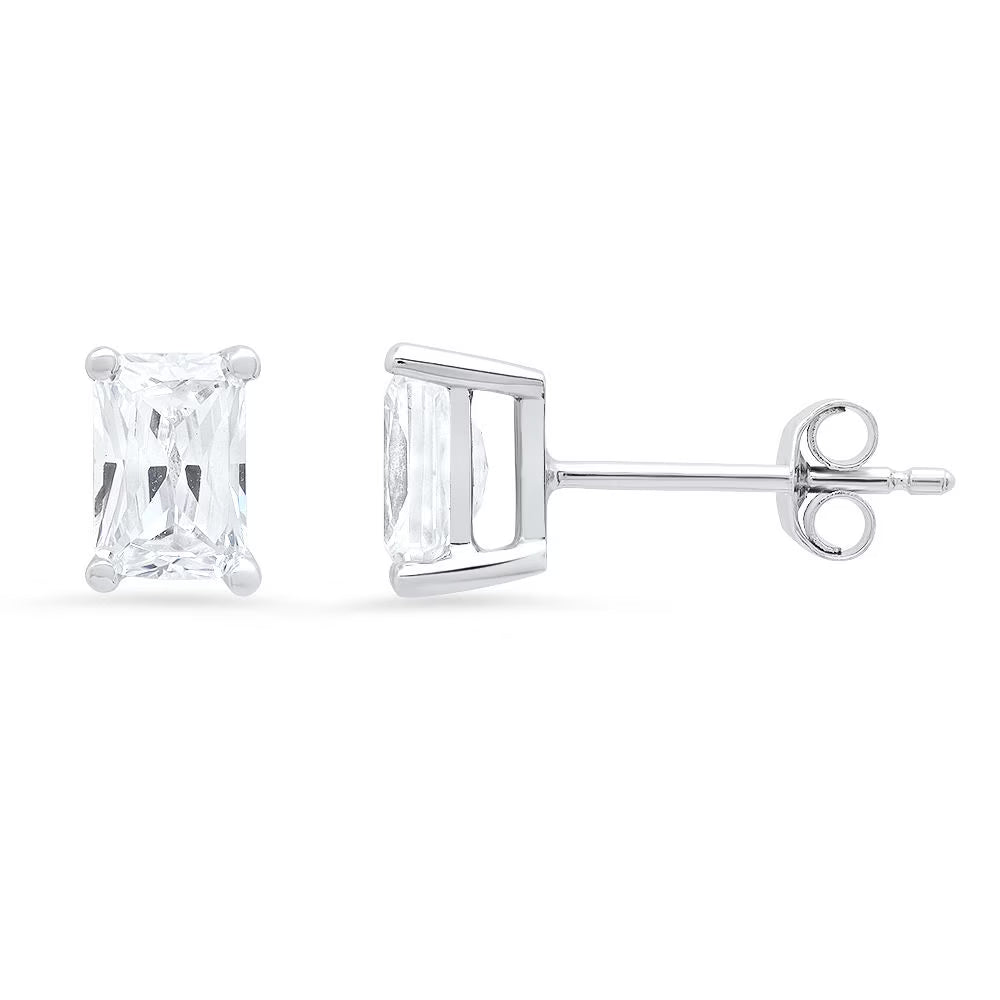 1.0 ct Emerald Cut Solitaire Studs VVS1 Lab Created Moissanite Solid 18K White Gold Earrings E5421
