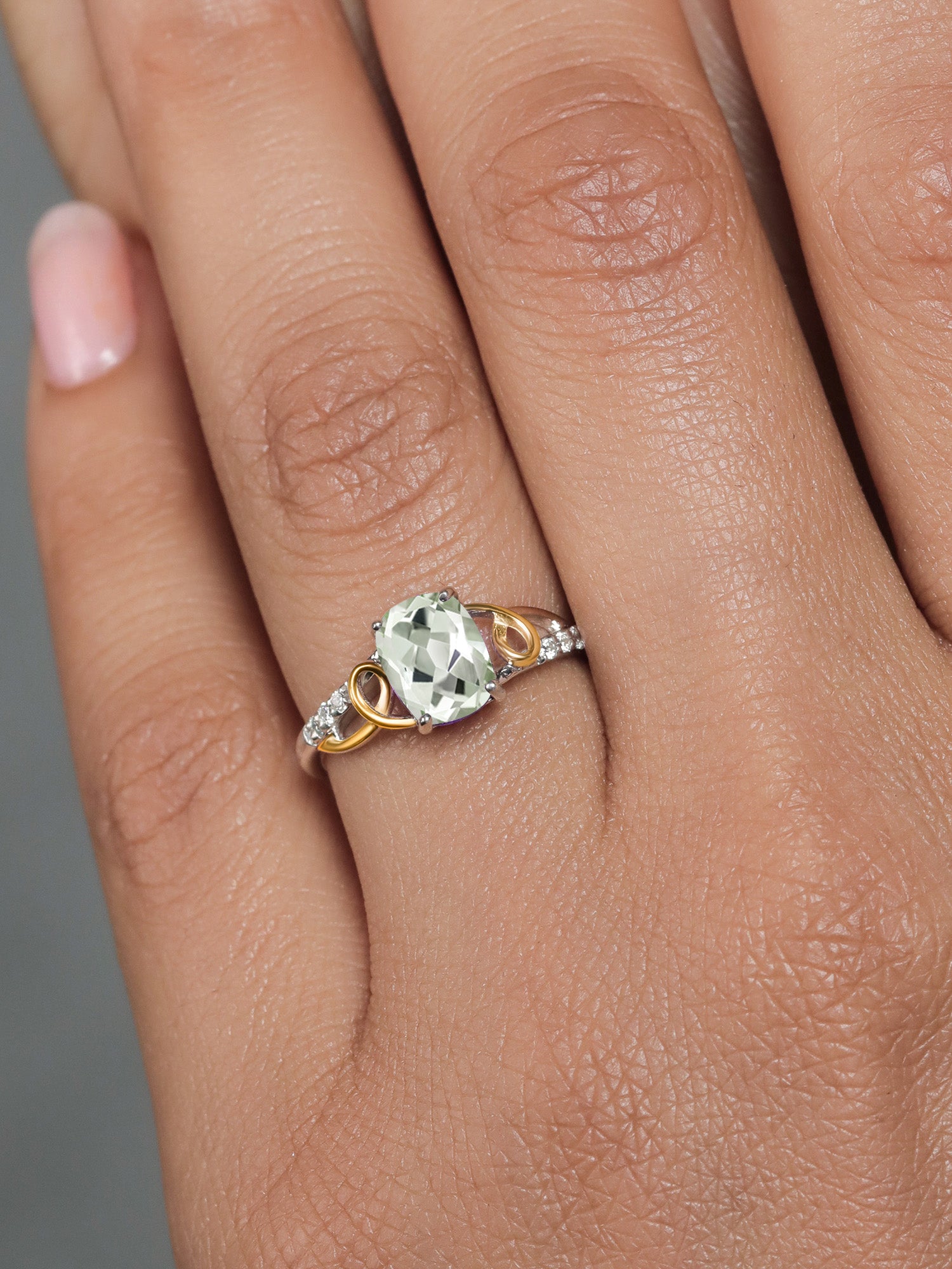 2 Tone 10K Yellow Gold and 925 Sterling Silver Green Prasiolite and White Lab Grown Diamond Ring S378