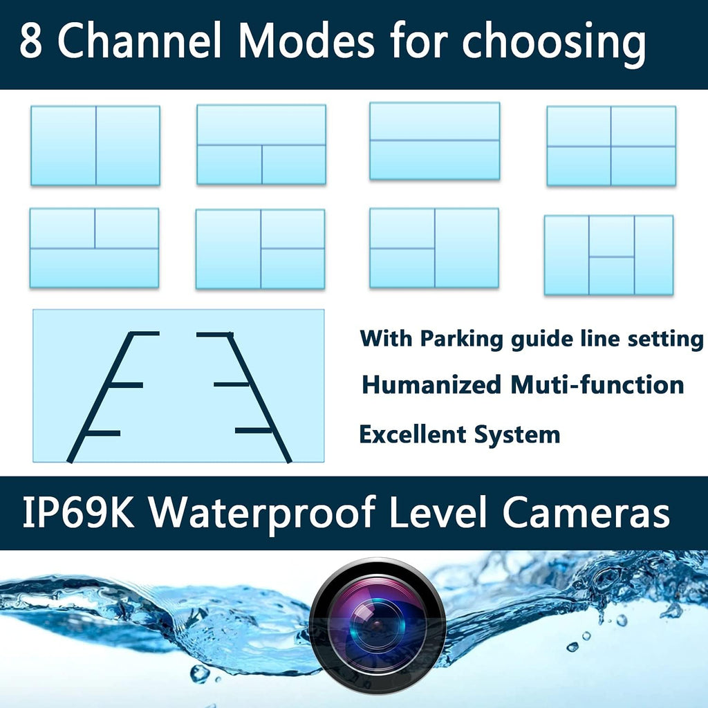 10.1 inch 1080P Backup Camera Monitor with 128GB DVR Waterproof 4 Split Screen T2713
