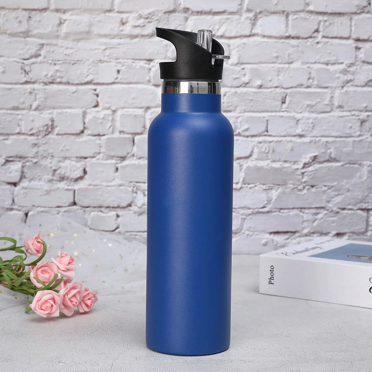 Black Water Bottle Vacuum Insulated Stainless Steel Leak-Proof Wide Mouth Kettle with Straw Lid Y853292