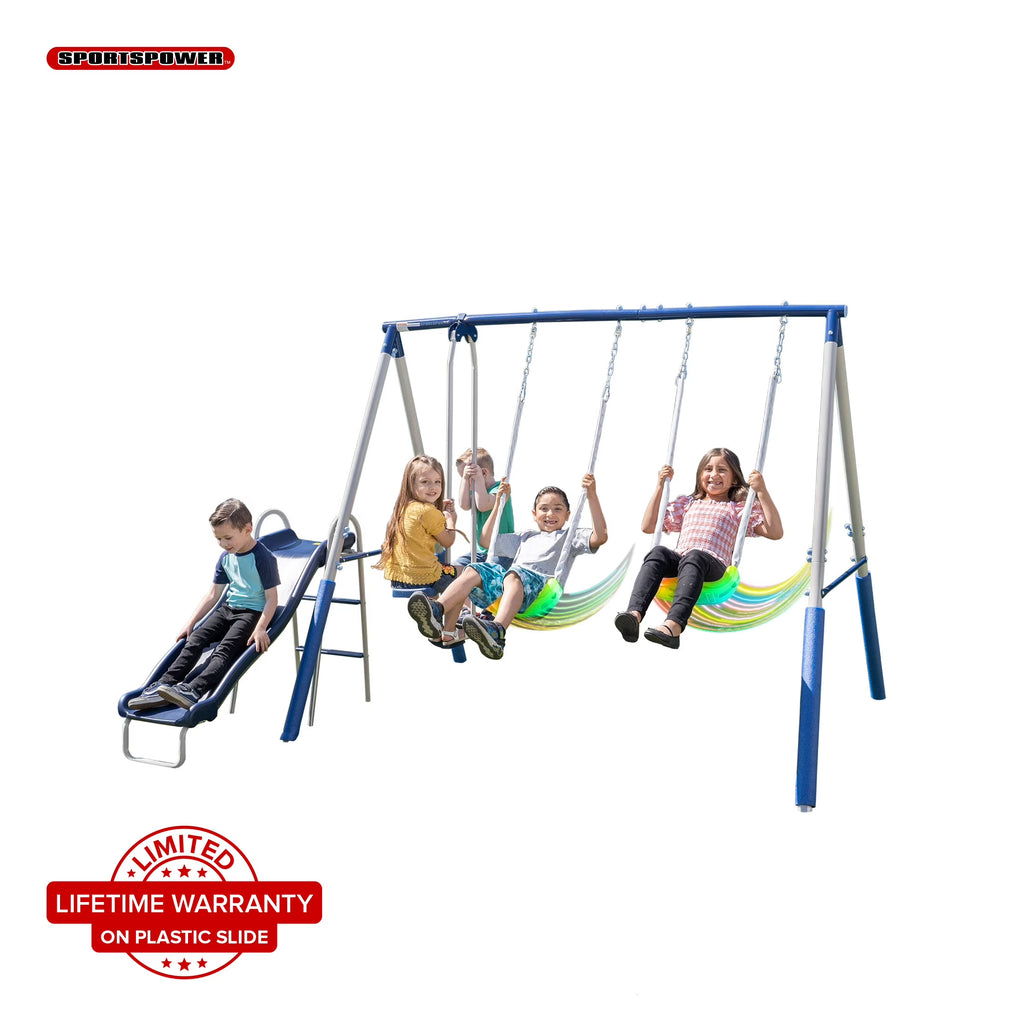 Metal Swing Set with LED Swing Seats, 2 Person Glider & 5' Double Wall Slide R23636