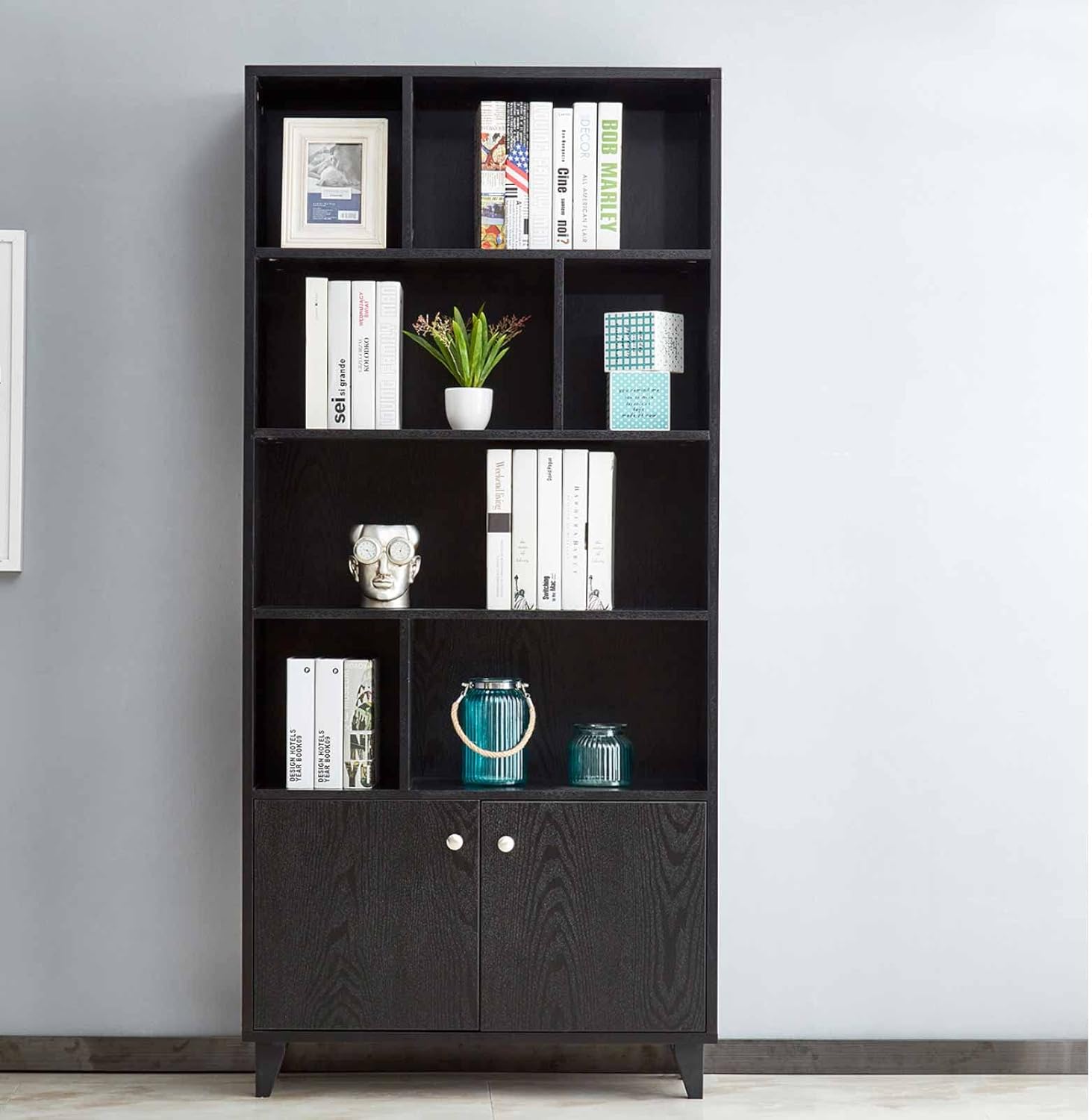 White Bookcase with 2 Doors 7 Open Shelves P89211