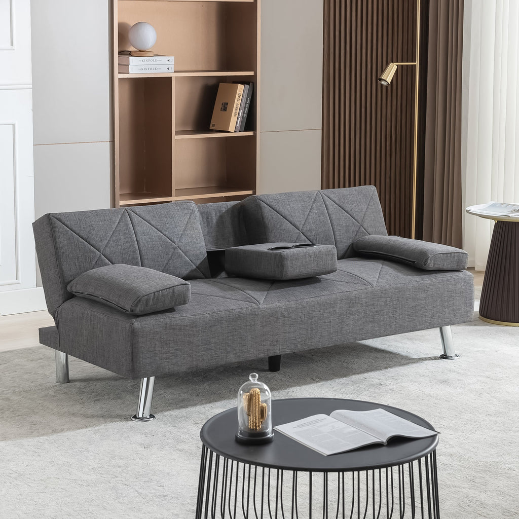 Gray Linen Convertible Folding Futon Sofa Bed with Removable Armrests Z291291