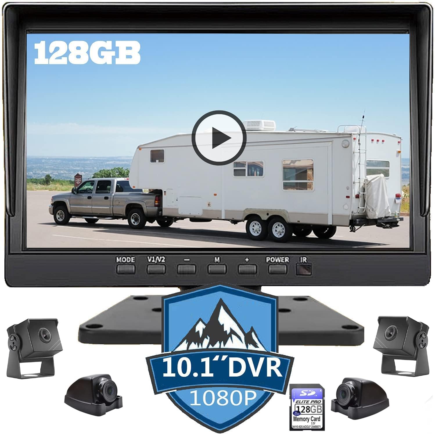 10.1 inch 1080P Backup Camera Monitor with 128GB DVR Waterproof 4 Split Screen T2713