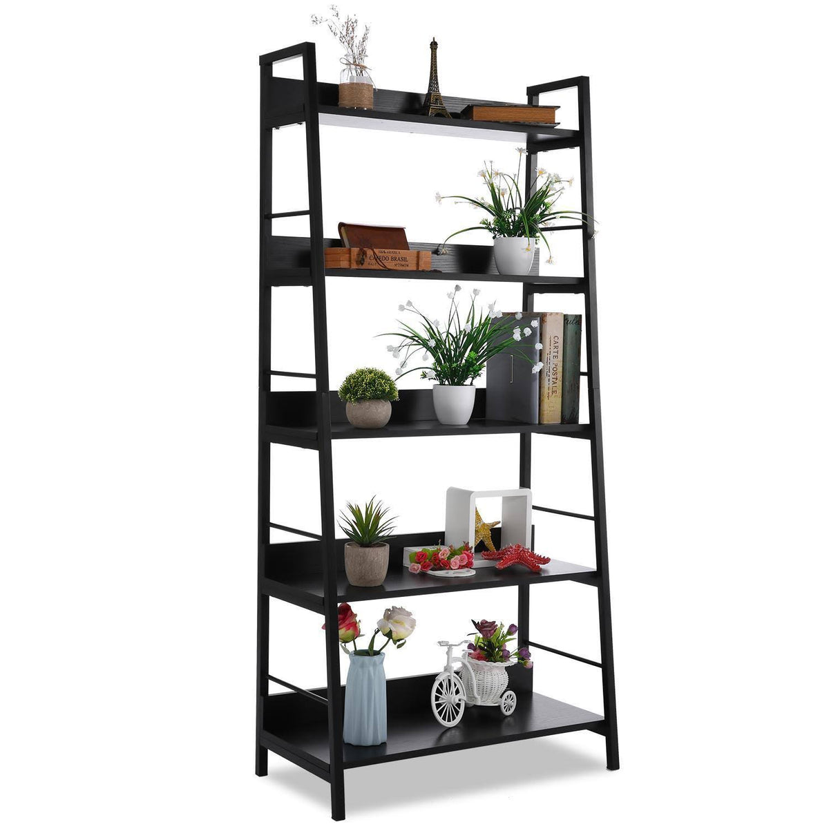 Black 5 Tier Metal Frame Wood Shelves Bookcase G400