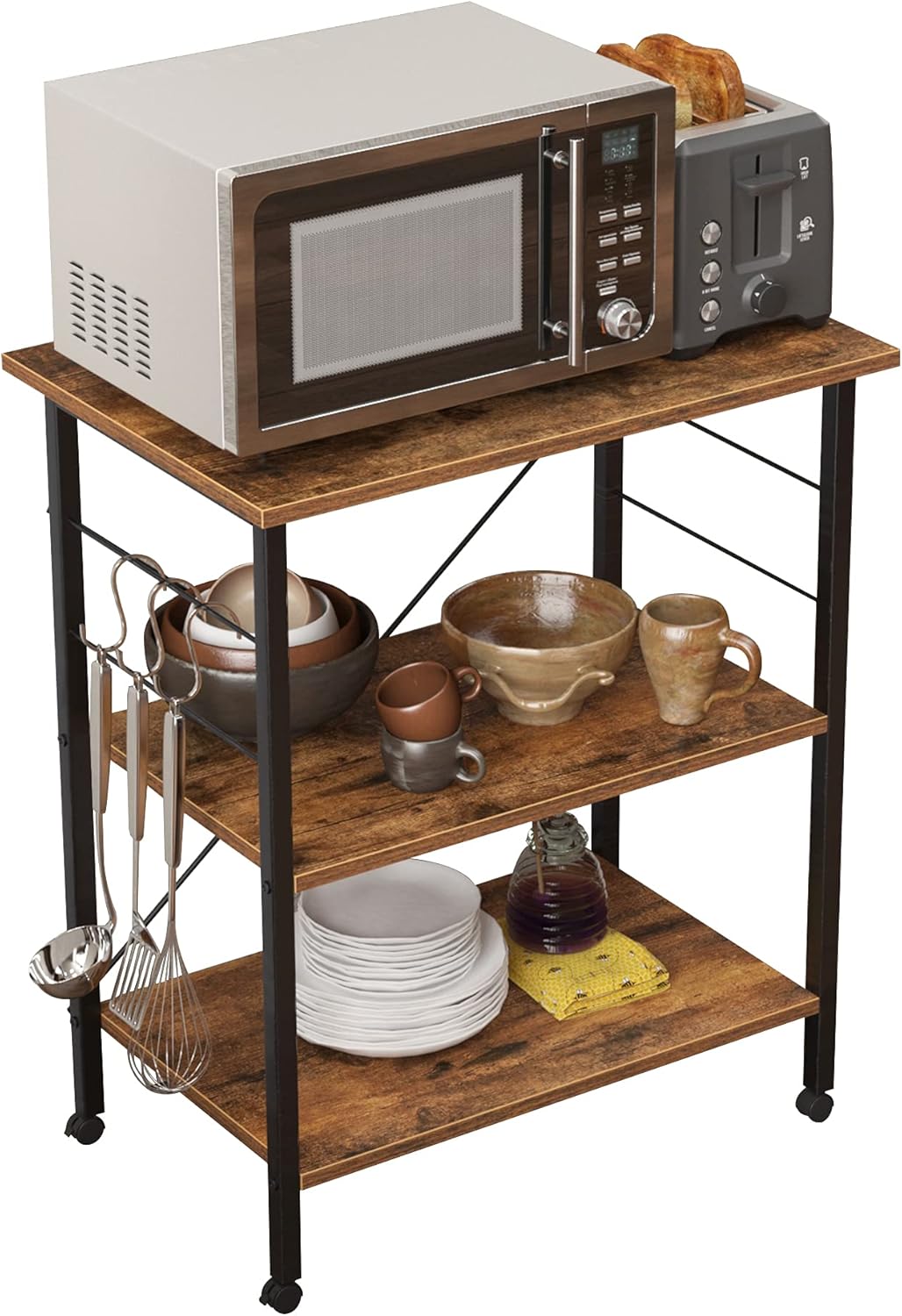 Rustic Brown 3 Tier Utility Storage Shelf with Lockable Caster K35992