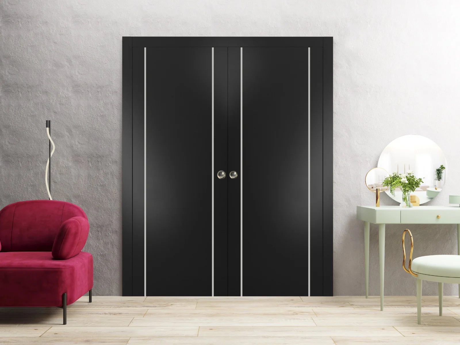 Matte Black Sliding French Double Pocket Doors with Frosted Glass, Solid Wood Y21853